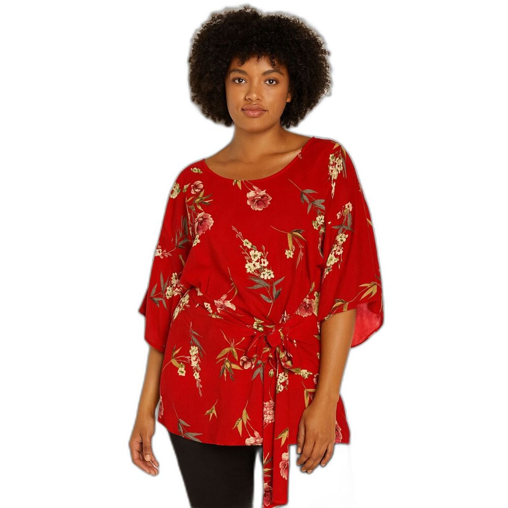 Molly & Isadora tie front waist blouse 2X RED FLORAL